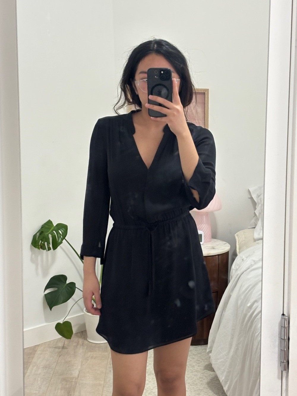 Babaton 100% Silk Black V-Neck Tie-Waist Mini Dress